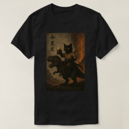Samurai-kat met bier en T-Rex, kat rijdt op dinosa T-shirt