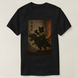 Samurai-kat met bier en T-Rex, kat rijdt op dinosa T-shirt