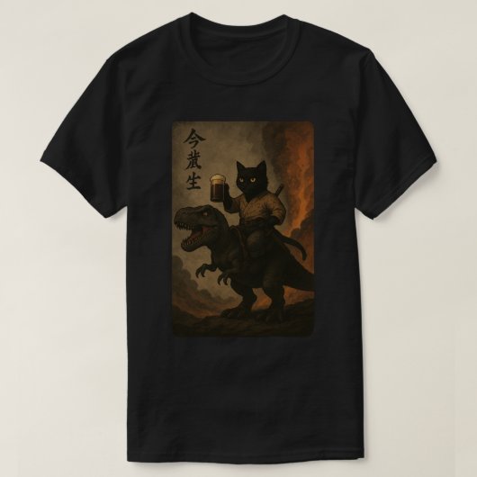 Samurai Kat met Bier & T-Rex, Kattenrijdende Dinos T-shirt (Design voorkant)