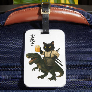 Samurai Kat met Bier & T-Rex   Retro Japanse Kunst Bagagelabel