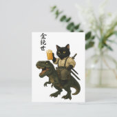Samurai Kat met Bier & T-Rex | Retro Japanse Kunst Briefkaart (Staand voorkant)