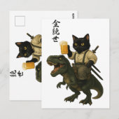 Samurai Kat met Bier & T-Rex | Retro Japanse Kunst Briefkaart (Voorkant / Achterkant)