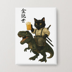 Samurai Kat met Bier & T-Rex Retro Japanse Kunst Button