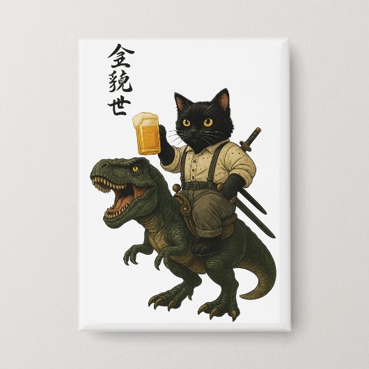 Samurai Kat met Bier & T-Rex | Retro Japanse Kunst Button (Voorkant)
