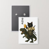Samurai Kat met Bier & T-Rex | Retro Japanse Kunst Button (Voorkant / Achterkant)