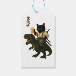 Samurai Kat met Bier & T-Rex | Retro Japanse Kunst Cadeaulabel