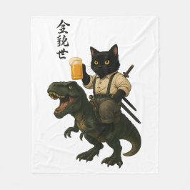Samurai Kat met Bier & T-Rex | Retro Japanse Kunst Fleece Deken