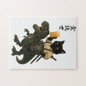 Samurai Kat met Bier & T-Rex | Retro Japanse Kunst Legpuzzel (Horizontaal)