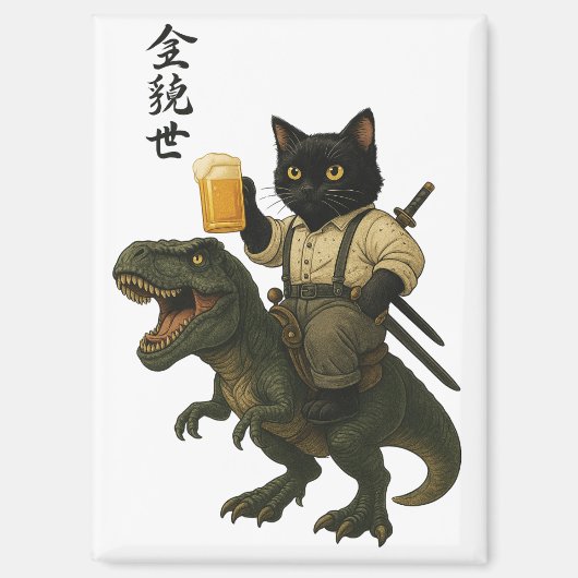 Samurai Kat met Bier & T-Rex | Retro Japanse Kunst Magneet (Voorkant)