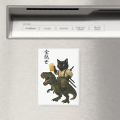 Samurai Kat met Bier & T-Rex | Retro Japanse Kunst Magneet (Insitu (Vaatwasser))