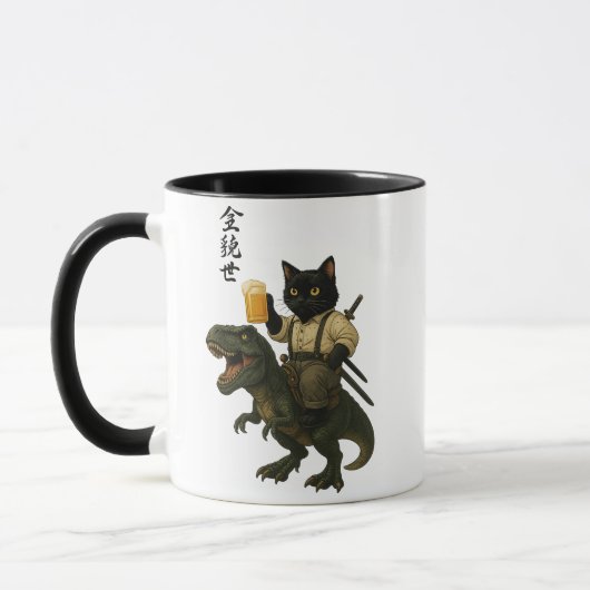 Samurai Kat met Bier & T-Rex | Retro Japanse Kunst Mok (Links)