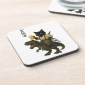 Samurai Kat met Bier & T-Rex | Retro Japanse Kunst Onderzetter (Linkerzijde)