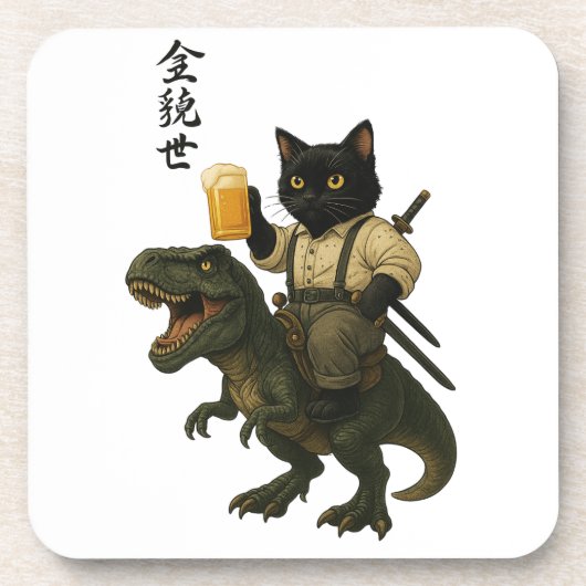 Samurai Kat met Bier & T-Rex | Retro Japanse Kunst Onderzetter (Voorkant)