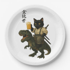 Samurai Kat met Bier & T-Rex | Retro Japanse Kunst Papieren Bordje