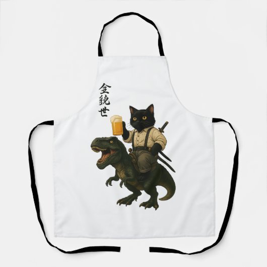 Samurai Kat met Bier & T-Rex | Retro Japanse Kunst Schort (Voorkant)