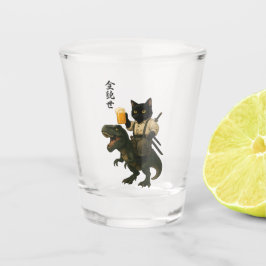 Samurai Kat met Bier & T-Rex | Retro Japanse Kunst Shot Glas