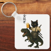 Samurai Kat met Bier & T-Rex | Retro Japanse Kunst Sleutelhanger (Voorkant)