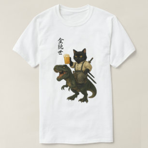 Samurai Kat met Bier & T-Rex Retro Japanse Kunst T-shirt