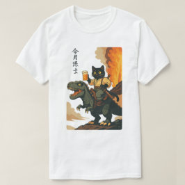 Samurai Kat met Bier & T-Rex, retro Japanse Kunst T-shirt