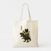 Samurai Kat met Bier & T-Rex | Retro Japanse Kunst Tote Bag (Achterkant)