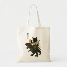 Samurai Kat met Bier & T-Rex | Retro Japanse Kunst Tote Bag