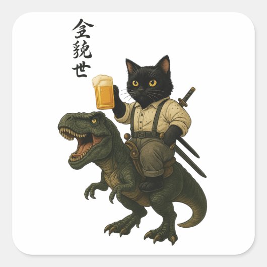 Samurai Kat met Bier & T-Rex | Retro Japanse Kunst Vierkante Sticker (Voorkant)