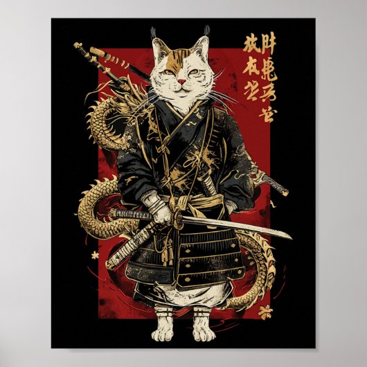 Samurai kat met Japanse draak Kanji Poster (Voorkant)