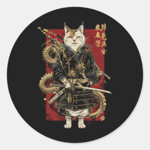 Samurai kat met Japanse draak Kanji Ronde Sticker