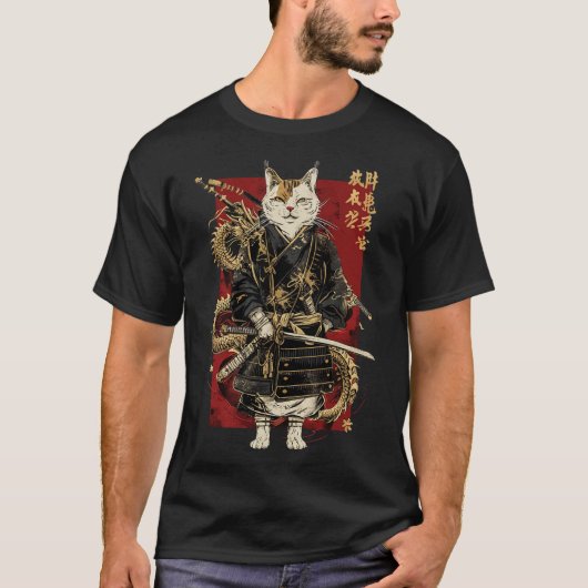 Samurai kat met Japanse draak Kanji T-shirt (Voorkant)