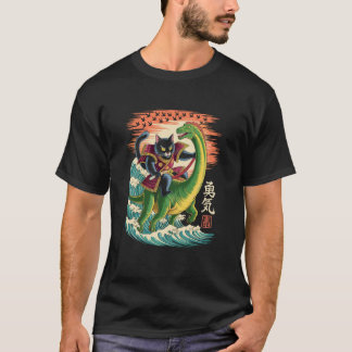 Samurai-kat op dinosaurus rijdend Japans kunst T-shirt
