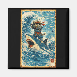 Samurai Kat Riding Haai Retro Wave Krijger Grappig Magneet