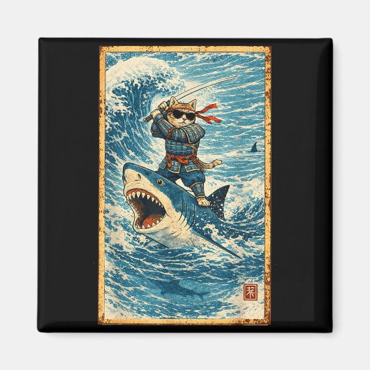 Samurai Kat Riding Haai Retro Wave Krijger Grappig Magneet (Voorkant)