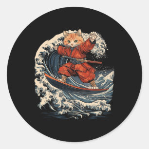 Samurai Kat Surft op Grote Golf Ronin Zwaard Ronde Sticker