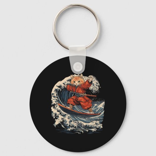 Samurai Kat Surft op Grote Golf Ronin Zwaard Sleutelhanger (Voorkant)
