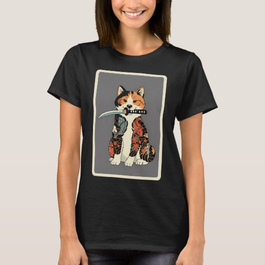 Samurai Kat Tattoo Stijl Japans T-shirt (Voorkant)