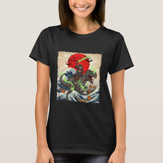 Samurai Kat vs Zombie Dinosaur Spooky Ukiyo-e Hal T-shirt (Voorkant)