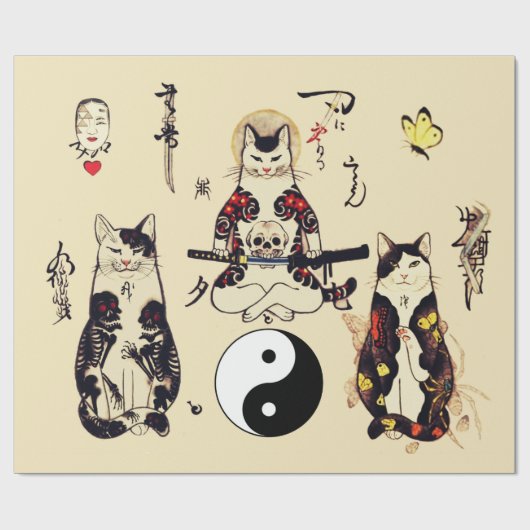 SAMURAI-KATTEN IN SKULL, SKELETON, BUTTERFLY-TATTO CADEAUPAPIER (Vlak)