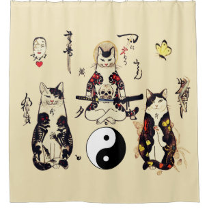 SAMURAI-KATTEN IN SKULL, SKELETON, BUTTERFLY-TATTO DOUCHEGORDIJN