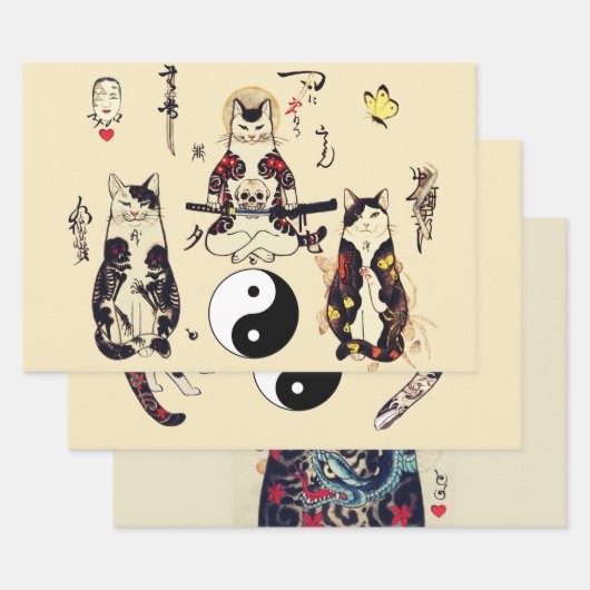 SAMURAI-KATTEN IN SKULL, SKELETON, BUTTERFLY-TATTO INPAKPAPIER VEL (Set)