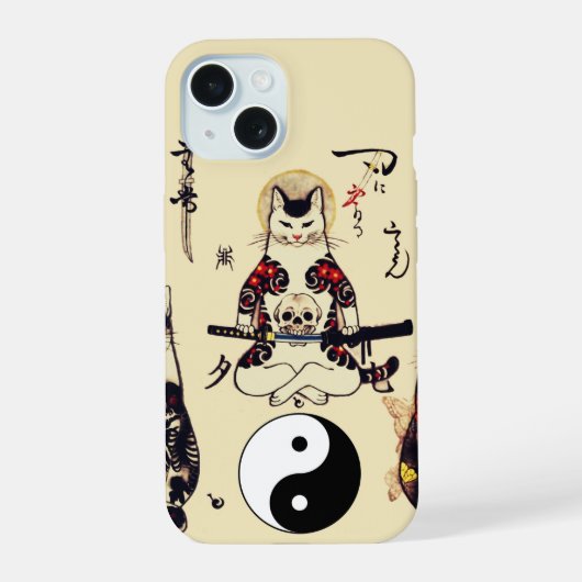 SAMURAI-KATTEN IN SKULL, SKELETON, BUTTERFLY-TATTO iPhone 15 CASE (Achterkant)