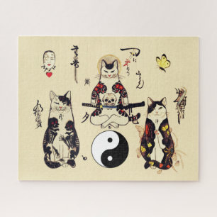 SAMURAI-KATTEN IN SKULL, SKELETON, BUTTERFLY-TATTO LEGPUZZEL