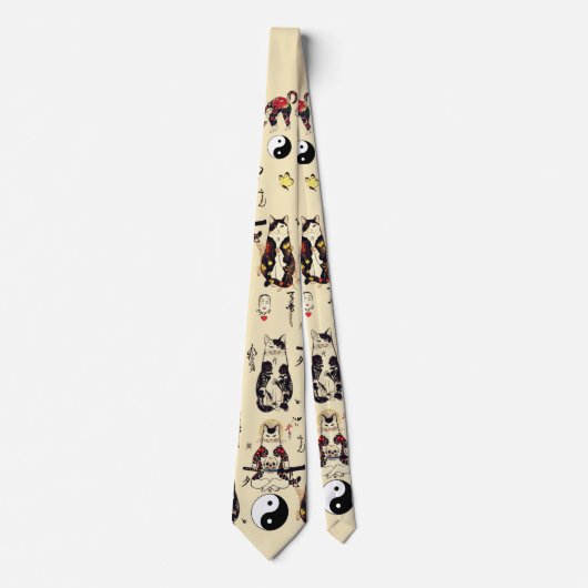 SAMURAI-KATTEN IN SKULL, SKELETON, BUTTERFLY-TATTO STROPDAS (Voorkant)