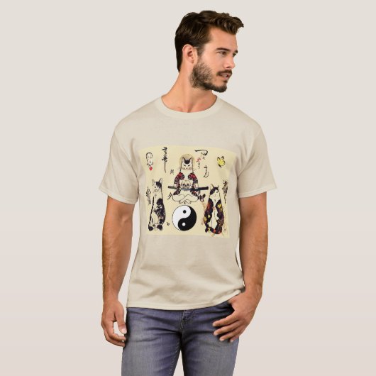 SAMURAI-KATTEN IN SKULL, SKELETON, BUTTERFLY-TATTO T-SHIRT (Voorkant volledig)
