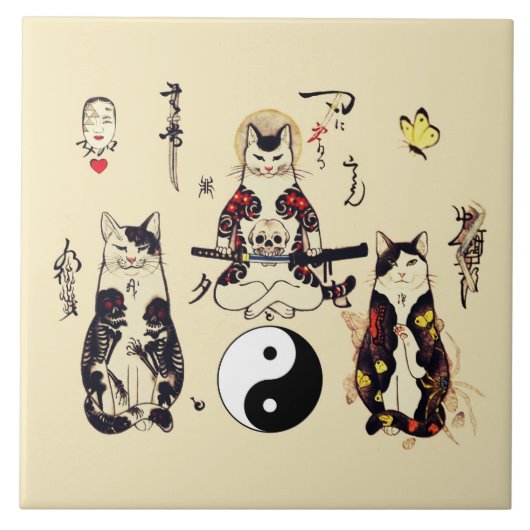SAMURAI-KATTEN IN SKULL, SKELETON, BUTTERFLY-TATTO TEGELTJE (Voorkant)