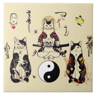 SAMURAI-KATTEN IN SKULL, SKELETON, BUTTERFLY-TATTO TEGELTJE