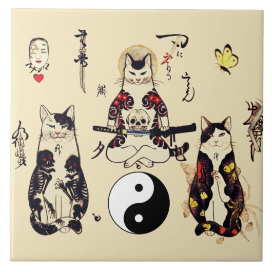 SAMURAI-KATTEN IN SKULL, SKELETON, BUTTERFLY-TATTO TEGELTJE (Voorkant)
