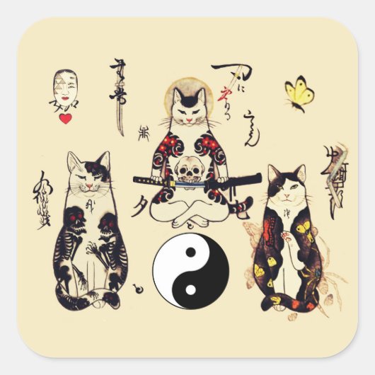 SAMURAI-KATTEN IN SKULL, SKELETON, BUTTERFLY-TATTO VIERKANTE STICKER (Voorkant)