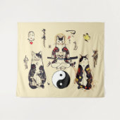 SAMURAI-KATTEN IN SKULL, SKELETON, BUTTERFLY-TATTO WANDKLEED (Voorkant (horizontaal))