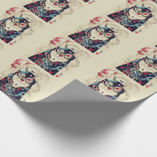 SAMURAI KATTENPORTRET MET SLANG TATTOOS CADEAUPAPIER (Hoek)