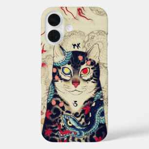 SAMURAI KATTENPORTRET MET SLANG TATTOOS iPhone 16 HOESJE